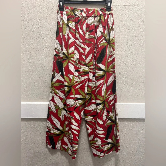 Japna Red with Tropical Leaf Print Wide Leg Tie Waist Ankle Pants Small - Picture 3 of 4